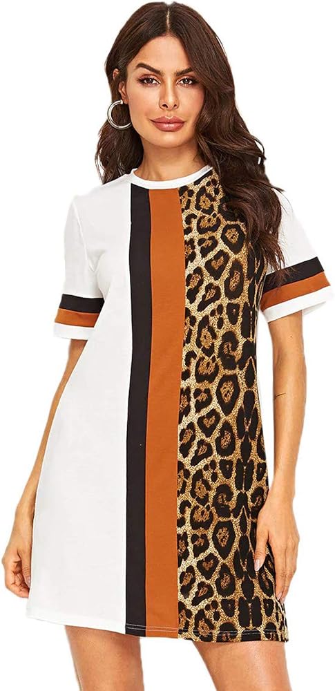 Floerns Women's Short Sleeve Color Block Leopard Print Tunic Dress