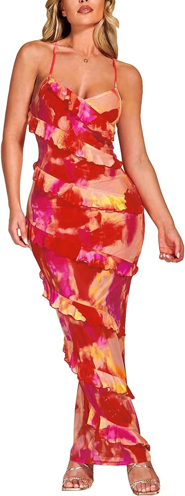 Milumia Women's Tie Dye Ruffle Trim Backless Long Cami Dress Elegant Sleeveless Bodycon Maxi Dresses