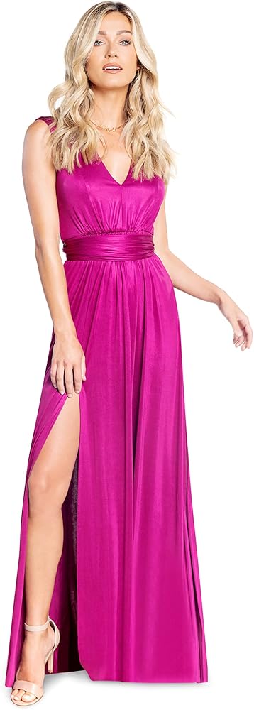 DRESS THE POPULATION Women's Krista V Neck Tie Waist Coated Jersey Slit Front Maxi Dress