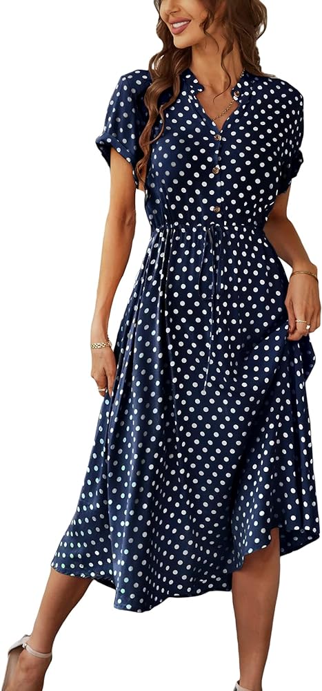 Milumia Women's Drawstring Waist Button Front Short Sleeve Casual A Line Midi Dress