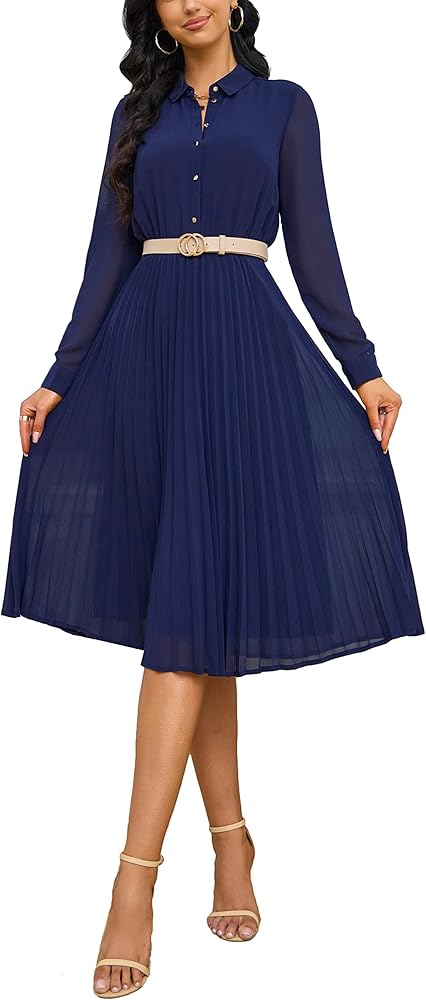 Business Casual Shirt Dress for Women Long Sleeves Pleated Midi Dresses with Belt