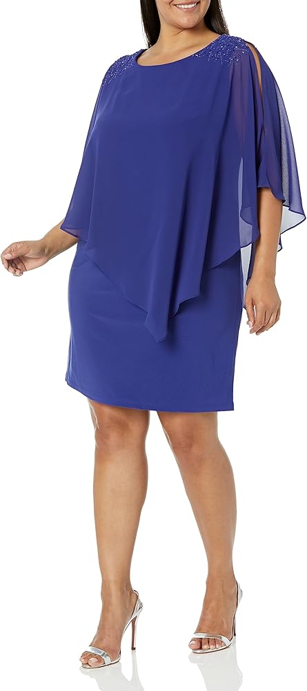 S.L. Fashions Women's Plus Size Short Sheath Beaded Overlay Capelet Dress