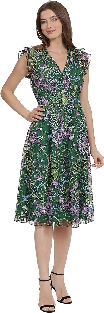 Maggy London Women's V-Neck Garden Floral Embroidered Dress Colorful Feminine Party Event Occasion Guest of