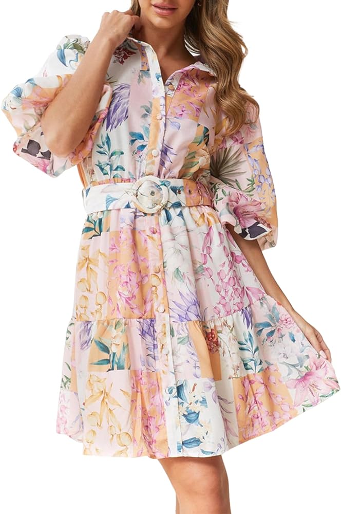 Women’s Summer Shirt Dresses Puff Sleeve Button Down Printed Flower A-Line Boho Dress