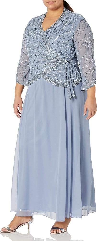 J Kara Women's Plus Size 3/4 Sleeve V-Neck Long Beaded Dress