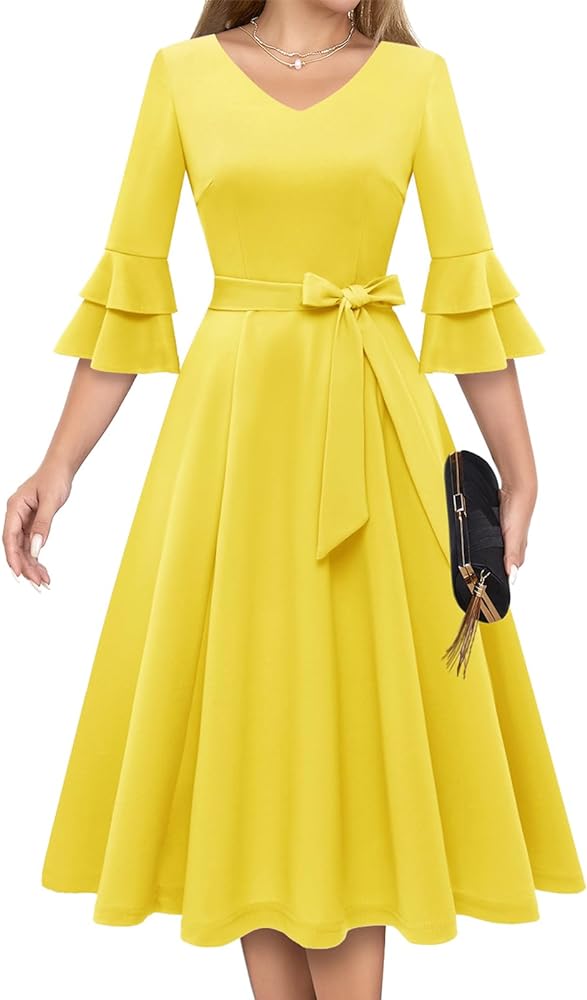 DRESSTELLS Cocktail Dress for Women 2024 Elegant V-Neck Double Bell Sleeve Formal Modest Church Tea Dress for Wedding Guest