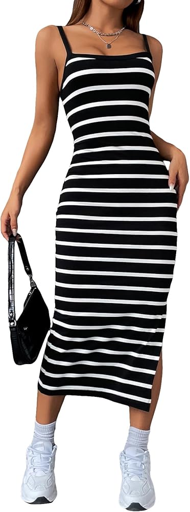 Floerns Women's Striped Print Sleeveless Split Thigh Casual Cami Long Dress