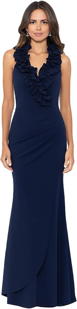 Xscape Women's Elegant V-Neck Scuba Crepe Dress with Ruffle Detail and Center Back Zipper