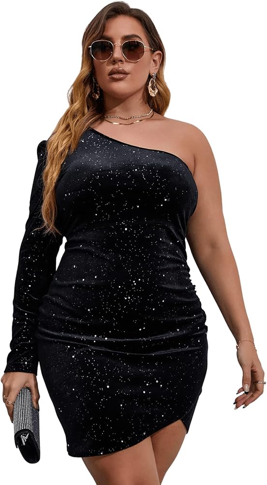 SOLY HUX Women's Plus Size One Shoulder Long Sleeve Ruched Wrap Velvet Bodycon Dress