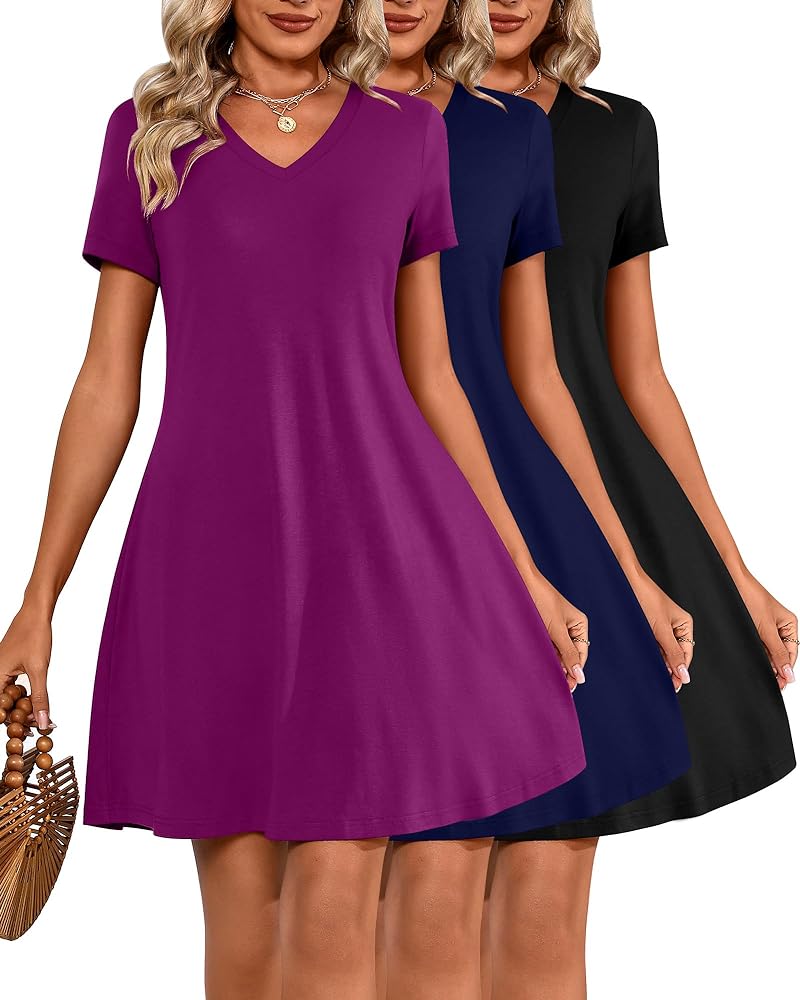 3 Pack Women's V Neck Short Sleeve T Shirt Dress 2024 Summer Trendy Basics Casual Dresses