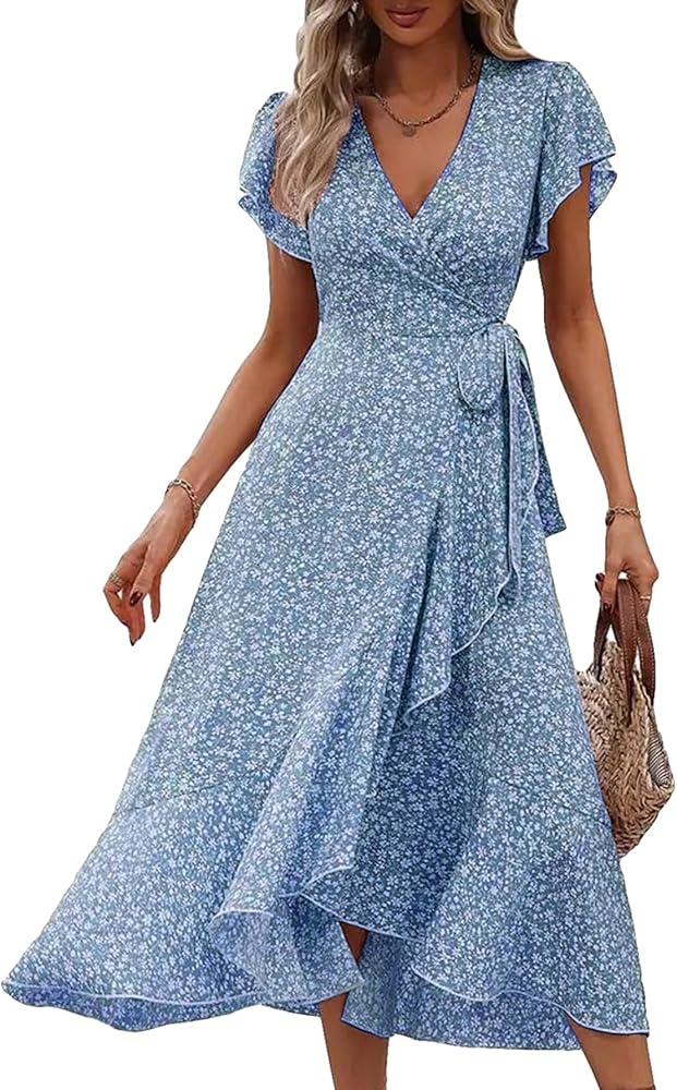 Floerns Women's Floral Print Wrap Front V Neck Butterfly Sleeve A Line Midi Dress