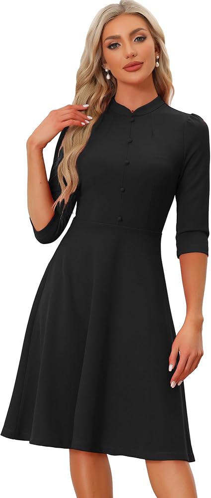 Allegra K Vintage Dresses for Women's 3/4 Sleeves Stand Collar Office Work Elegant A-Line Dress