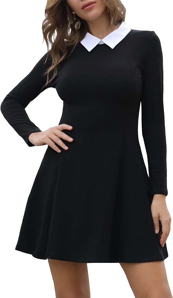 Aphratti Women's Long Sleeve Casual Peter Pan Collar Fit and Flare Skater Dress