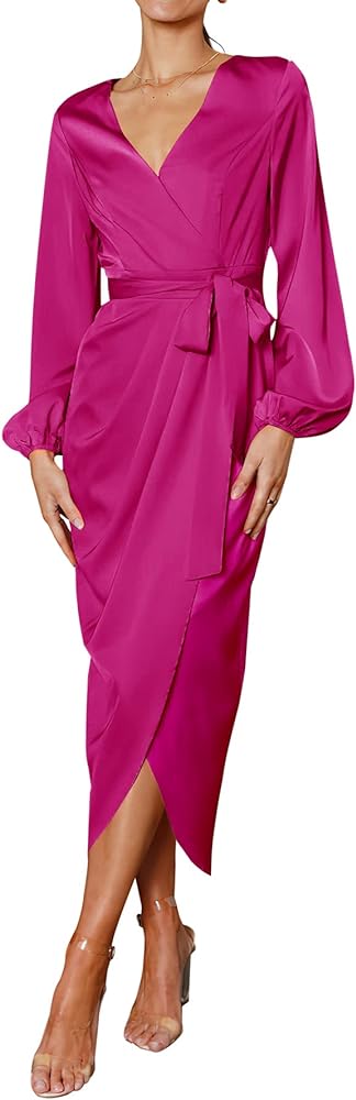 PRETTYGARDEN Women's Maxi Satin Dress Puff Sleeve Wrap V Neck Ruched Belted Long Formal Cocktail Dresses