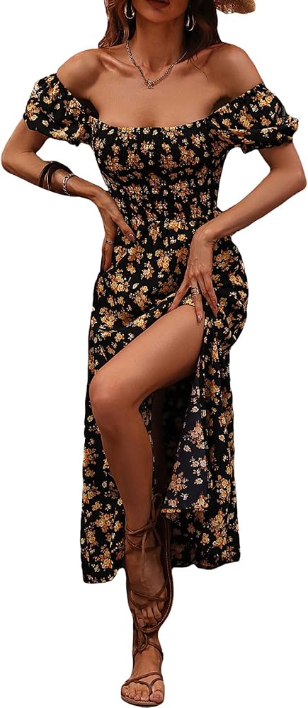 SOLY HUX Women's Floral Boho Off The Shoulder A Line Midi Dress Split Thigh Short Sleeve Swing Sun Dresses