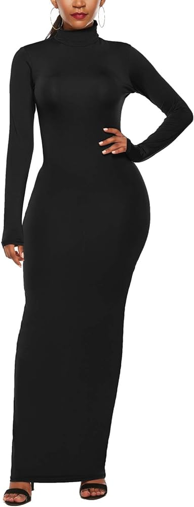 PRIMODA Women's Turtleneck Long Sleeve Bodycon Maxi Dress Casual Long Dress