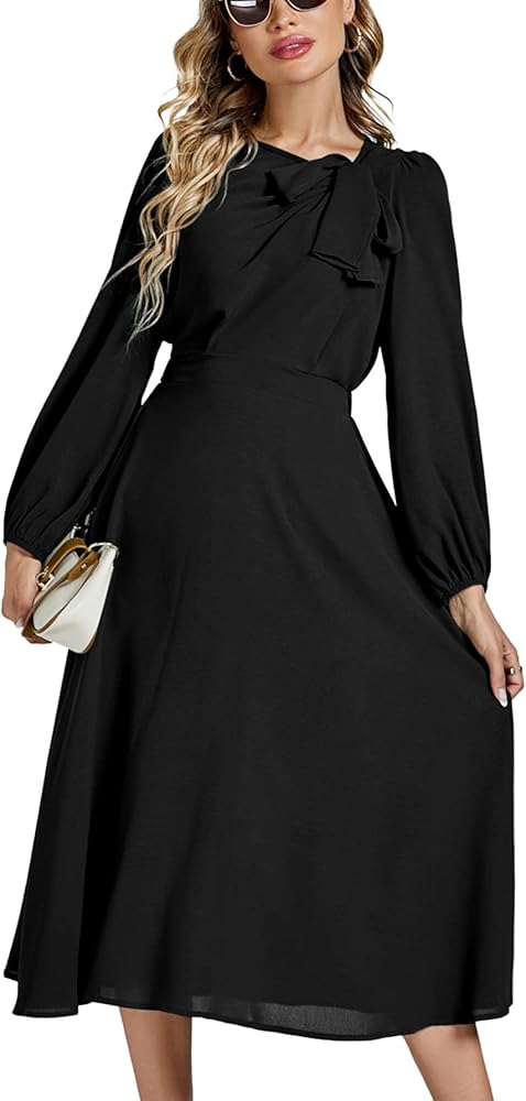 LYANER Women's Elegant Bow Tie Crew Neck Puff Long Sleeve A-Line Swing Midi Dress