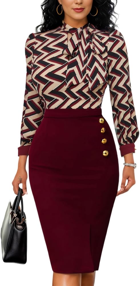 Women's Wear to Work Pencil Dress Business Professional Midi Dress Long Sleeve Bodycon Party Dress