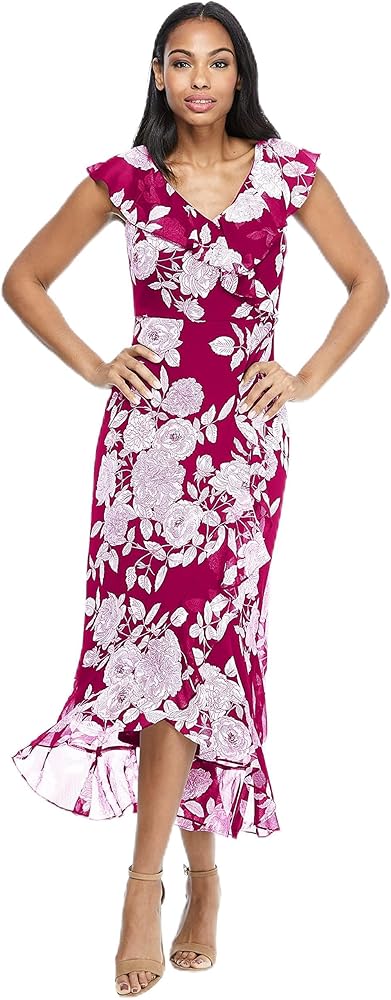 London Times Women's Chiffon Faux Wrap Ruffle Maxi Dress Guest of Wedding