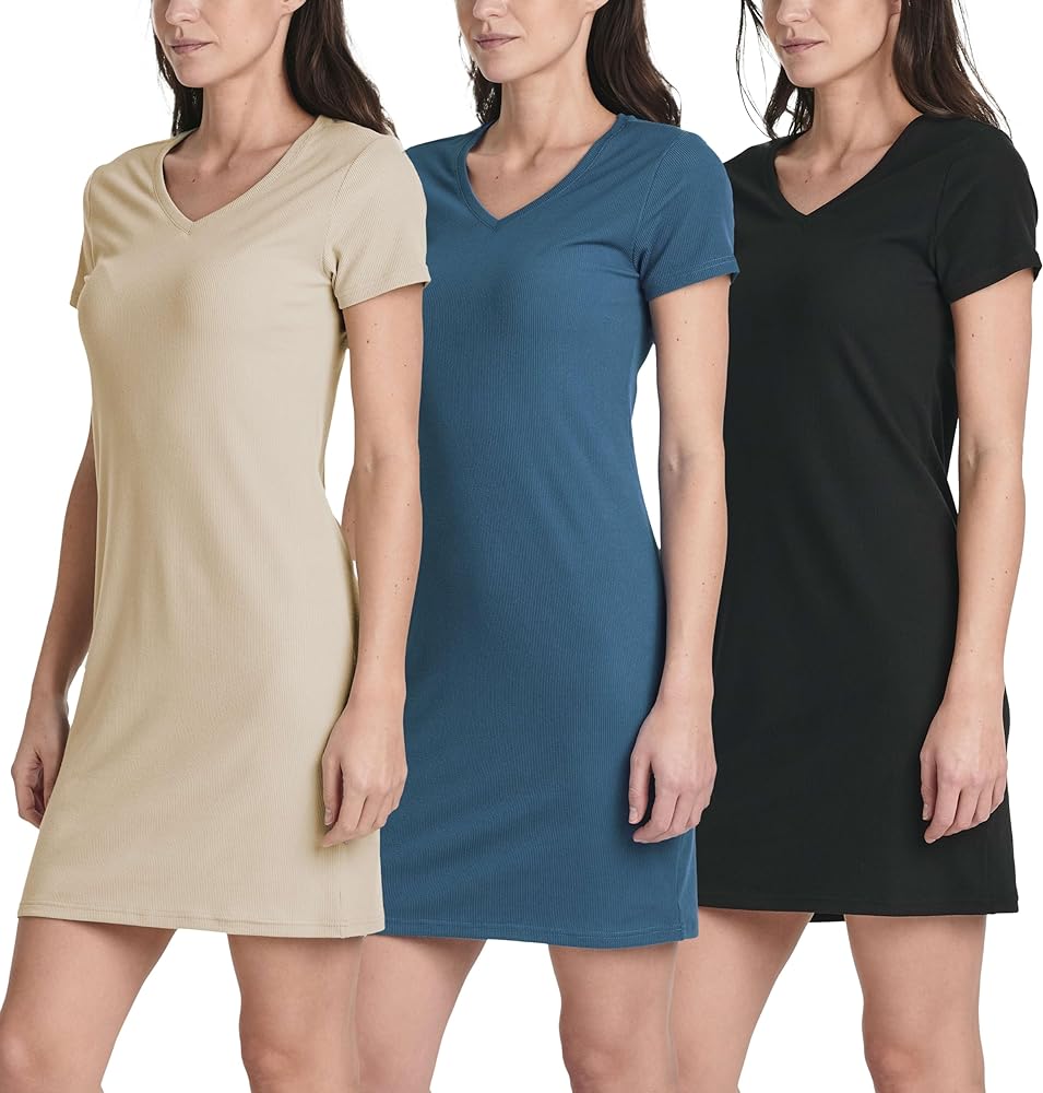 Real Essentials 3 Pack: Women's Ribbed Knit Short-Sleeve V-Neck Swing T-Shirt Casual Dress (Available in Plus)