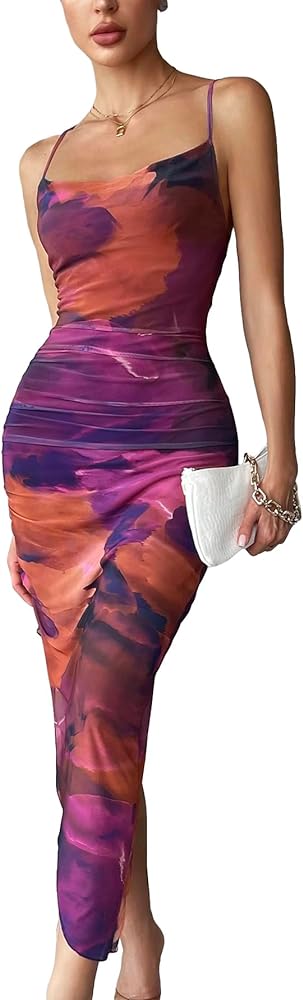 GORGLITTER Women's Backless Mesh Ruched Bodycon Midi Dress Tie Dye Asymmetrical Cami Dresses with Slit