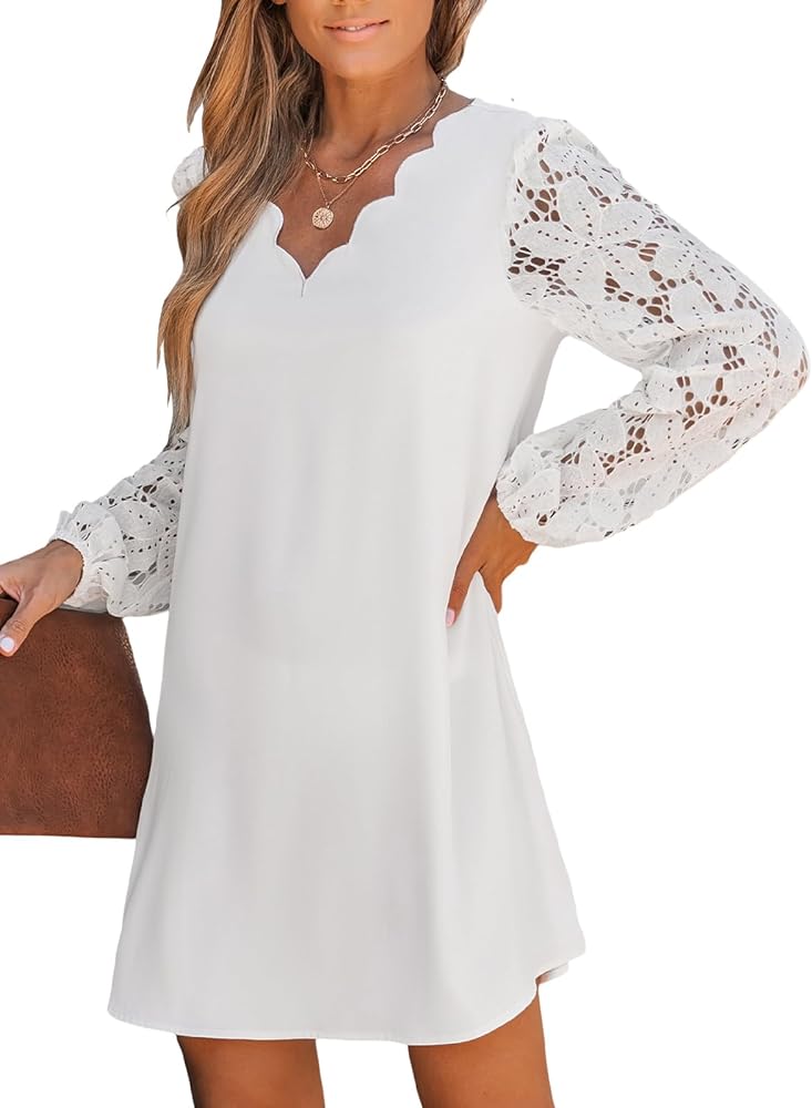 CUPSHE Women's Mini Dress Scalloped V Neck Lace Appliques Long Sleeve Loose Fit A Line Casual Dress