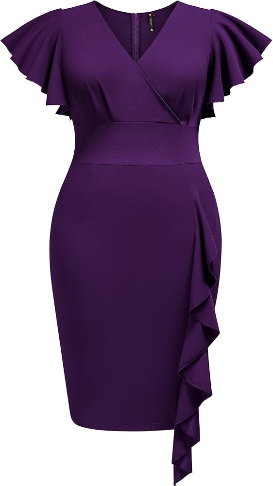 Miusol Women's Plus Size Vintage V Neck Ruffles Sleeve Business Cocktail Party Pencil Dress