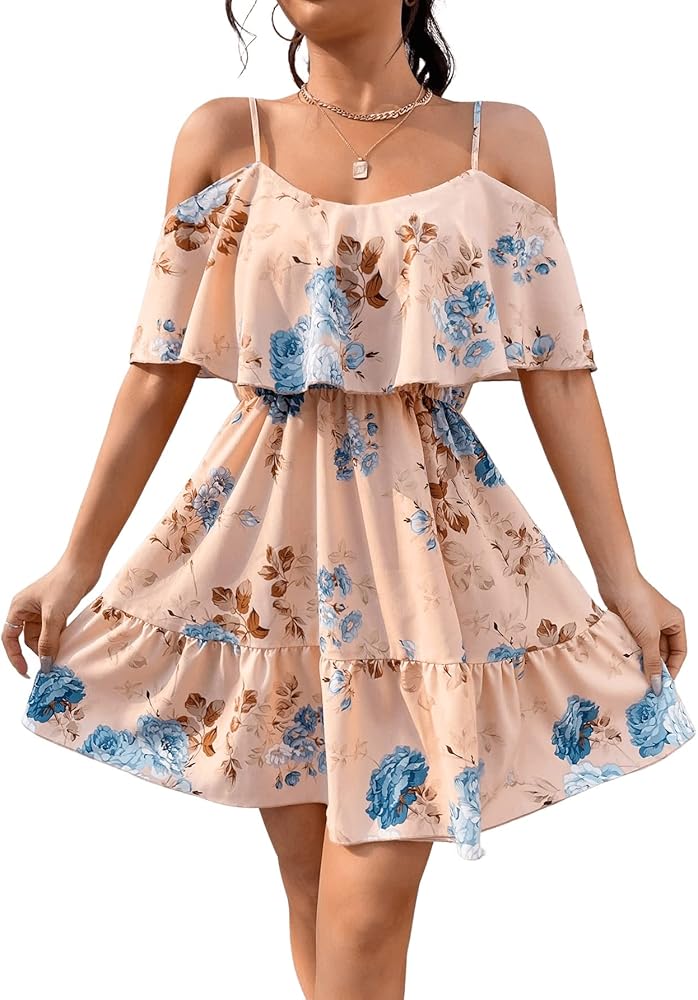 SweatyRocks Women's Boho Floral Print Short Sleeve Cold Shoulder Cami Dress Ruffle Hem Short Dresses