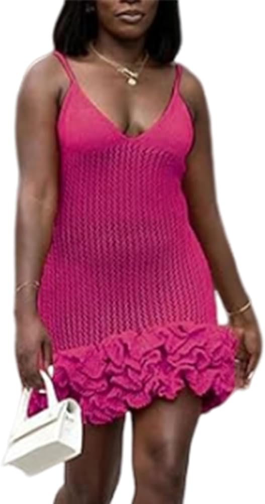 Uni Clau Sexy Crochet V Neck Layer Ruffle Sweater Dresses Backless Bodycon Knit Mini Dress for Women Birthday Party