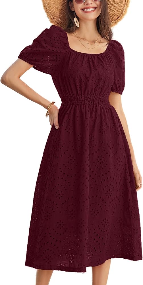 GRACE KARIN Women's Eyelet Dresses Summer Square Neck Short Puff Sleeve Casual A Line Boho Midi Dress