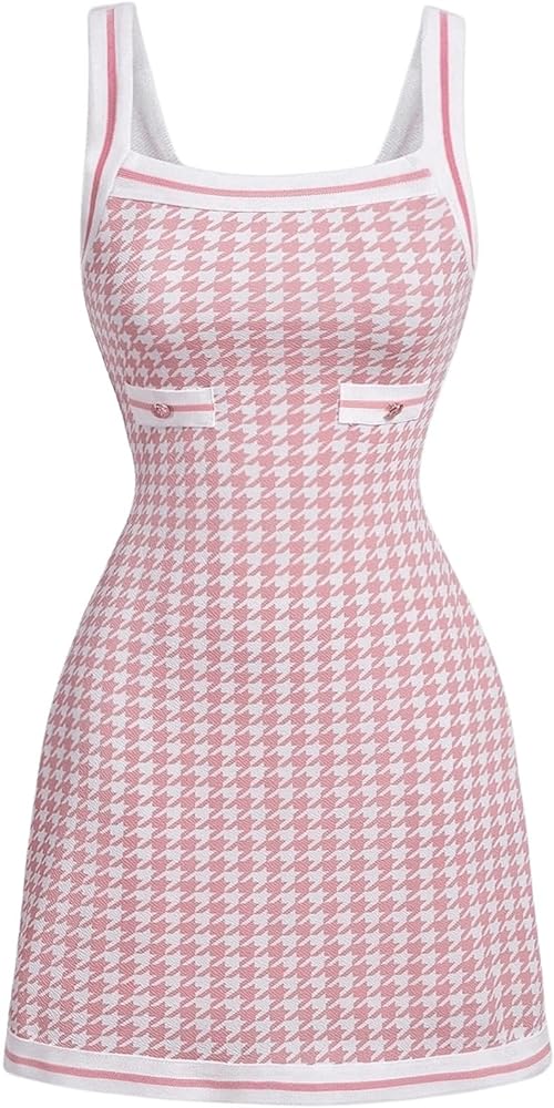 Floerns Women's Houndstooth Print Sleeveless Pencil Dress Contrast Binding Cami Dress