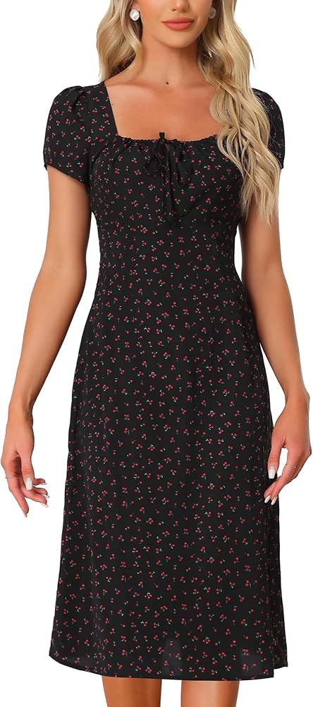 Allegra K Retro Dress for Women's Cherry Print Square Neck Drawstring Midi Dress