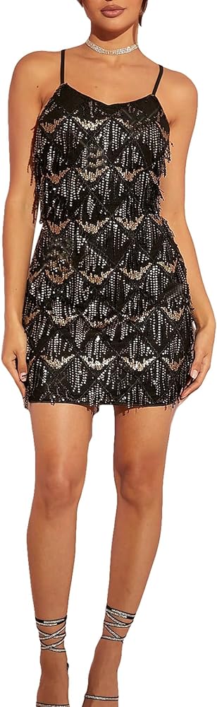 Verdusa Women's Sequin Spaghetti Strap Fringe Trim Contrast Tassel Cami Zipper Dress