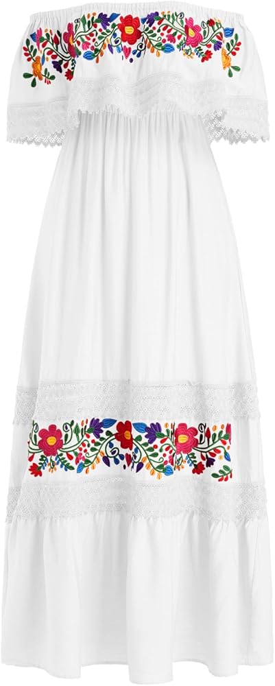 Mexican Dress for Women Floral Embroidery Maxi Off-shoulder Ruffle Sleeveless Traditional Fiesta Dresses