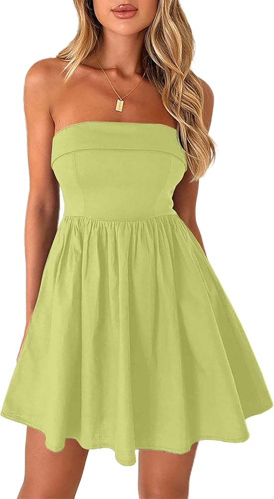 Women's Elegant Strapless Tube Top Dress Sleeveless Smocked Mini Short Dresses with Pockets