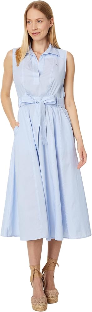 Tommy Hilfiger Women's Open Placket Midi Length Cotton Dress, Cornflower Blue/White