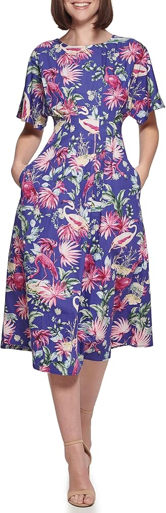 kensie Women's Flamingo Printed Midi Contemporary Dress