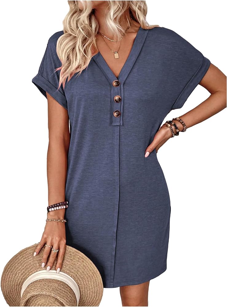 SOLY HUX Women's V Neck Short Sleeve Button T Shirt Dress Summer Short Dresses