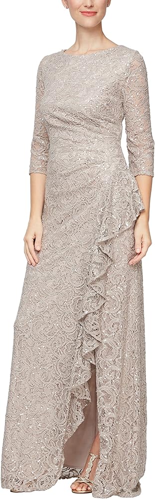 Alex Evenings Women's Long 3/4 Sleeve, Mother of The Bride Dress W/Cascade Ruffle and Front Slit, (Petite and Regular Sizes)