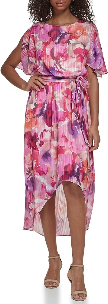 Jessica Howard Women's Style Hi Lo Midi Short Sleeve Chiffon Lurex