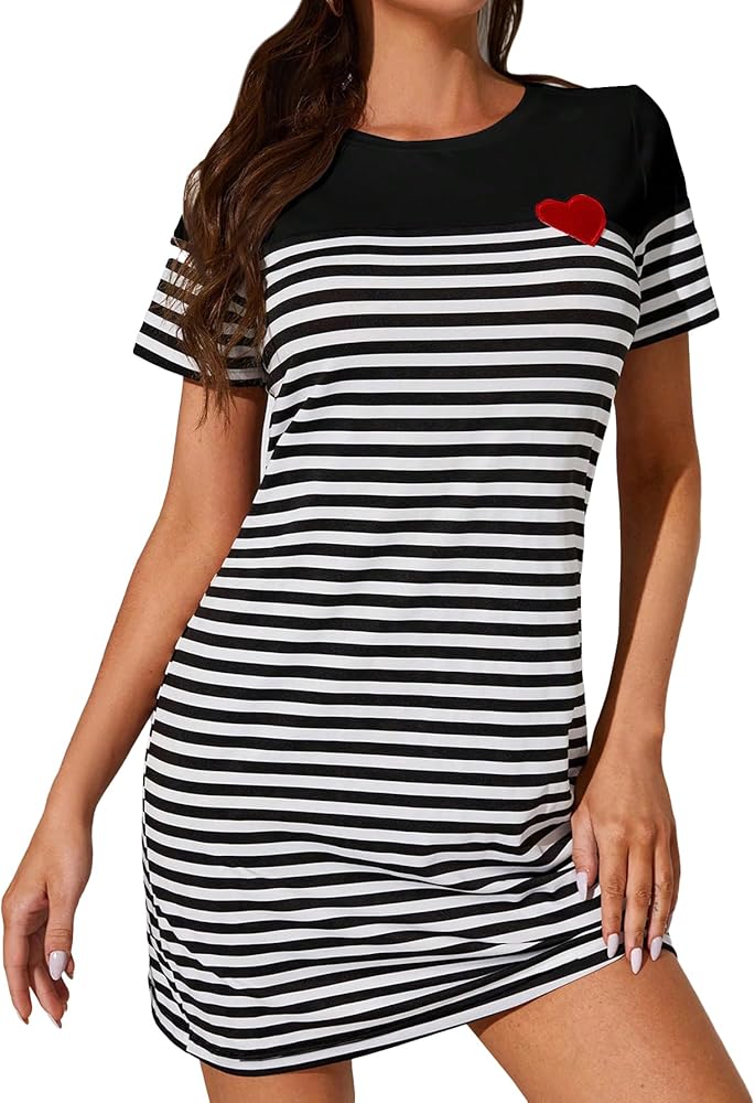 Floerns Women's Short Sleeve Striped Print Round Neck Embroidery Tee Shirt Dress