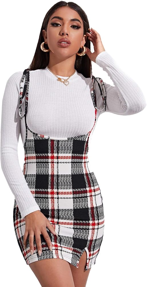 Floerns Women's Plaid Suspender Skirt Tie Shoulder Split Hem Overall Bodycon Mini Dress