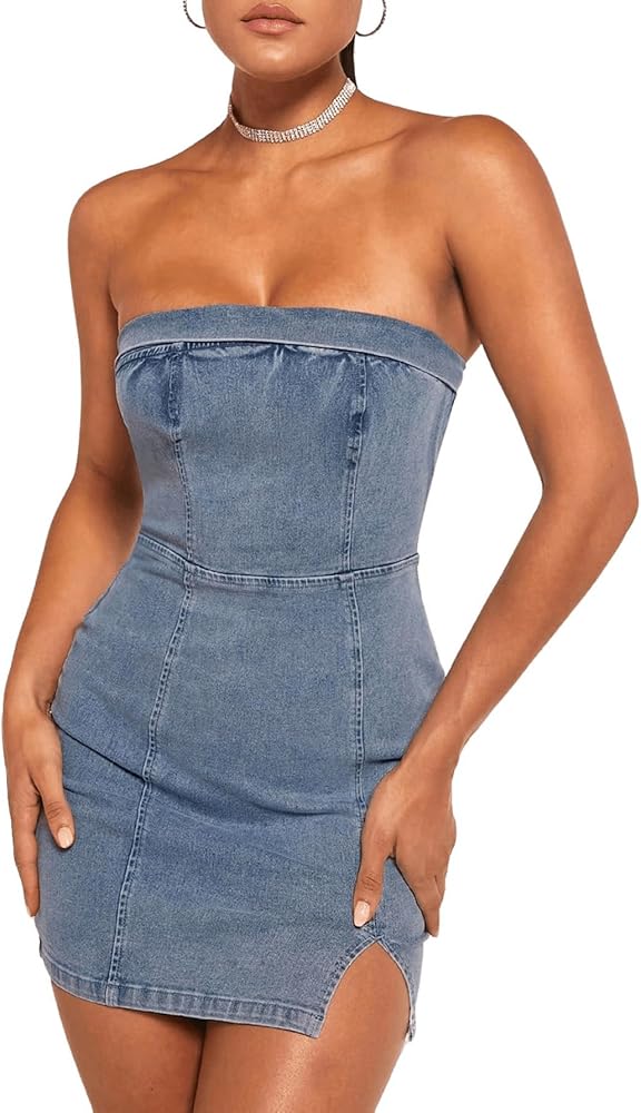 Floerns Women's Denim Off Shoulder Strapless Side Split Mini Bodycon Tube Dress