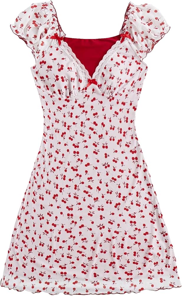 Floerns Women's Graphic Print Sweetheart Neck Lace Puff Cap Sleeve A Line Dress