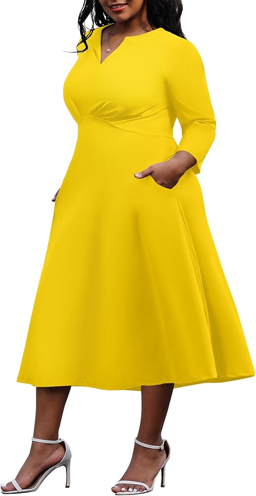 Nmoder Women's Plus Size Stretchy Flared Wrap Dress Casuel Wedding Guest Work Midi Dresses V Neck 3/4 Sleeve A-Line Dress