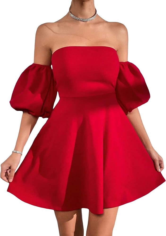 WDIRARA Women's Off Shoulder Tie Back Zipper Backless Puff Sleeve High Waist Flared Hem Strapless Knitted Dress