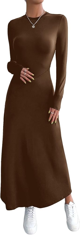 Verdusa Women's Casual Long Sleeve Round Neck Solid A Line Long Maxi Dress