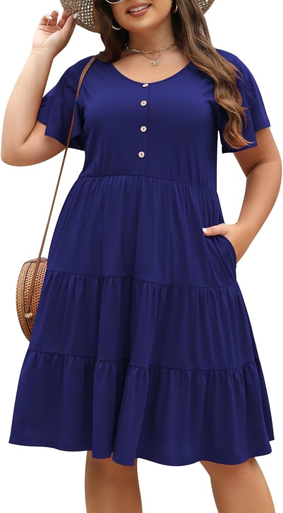 Nemidor Womens Loose Plus Size Short Sleeve Button Tiered Swing Dress with Pocket NEM406