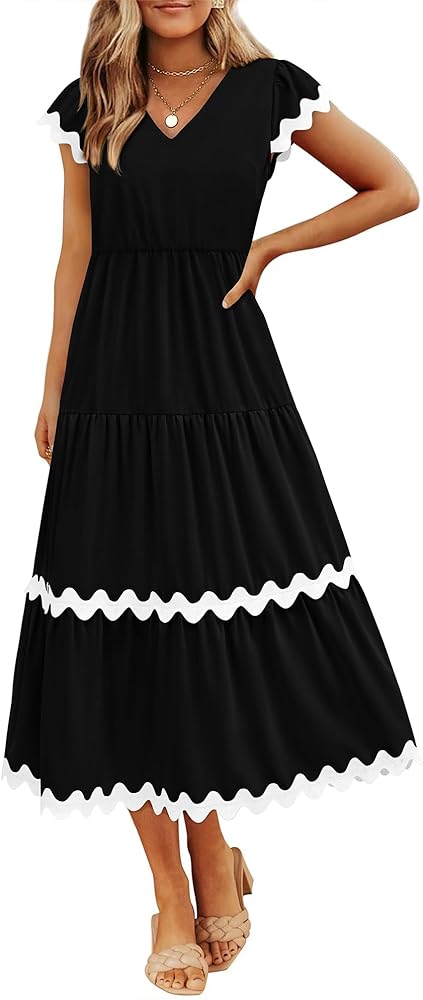 BTFBM Womens Summer Dresses 2024 V Neck Cap Sleeve Ric Rac Loose Tiered A-Line Beach Vacation Midi Dress with Pocket