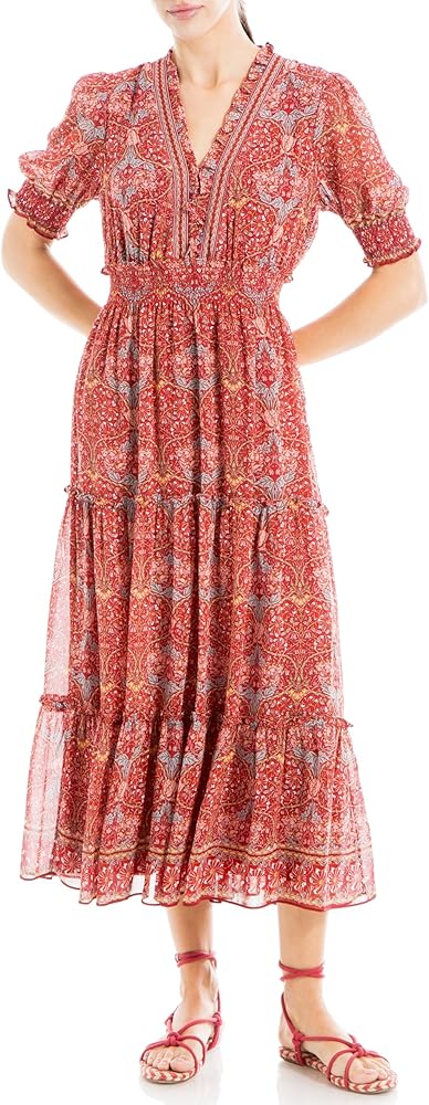 Max Studio Women's Short Smocked Sleeve Tiered Maxi Dress